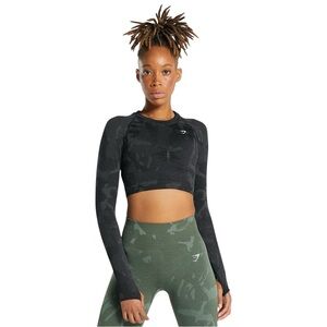 Gymshark Crop Top Women's Size‎ Medium Black Adapt Camo Seamless Long Sleeve
